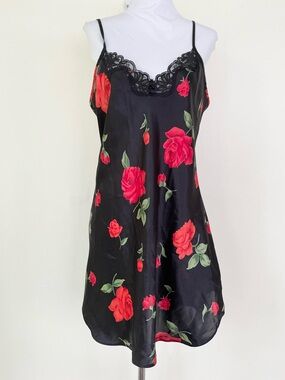 Vintage Cinema Etoile Red Rose Print Lace Trim Mini Slip Dress M Medium Black
